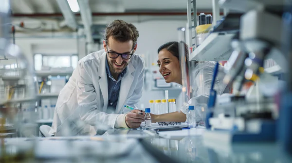 u3625161553 two young scientists leaning over a lab table wit 614a7e77 304d 4ad5 b6f4 c6187dc45280 2